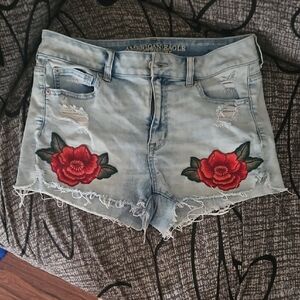 American Eagle Outfitters Blue and Red Jean Shorts with Floral Embroidery